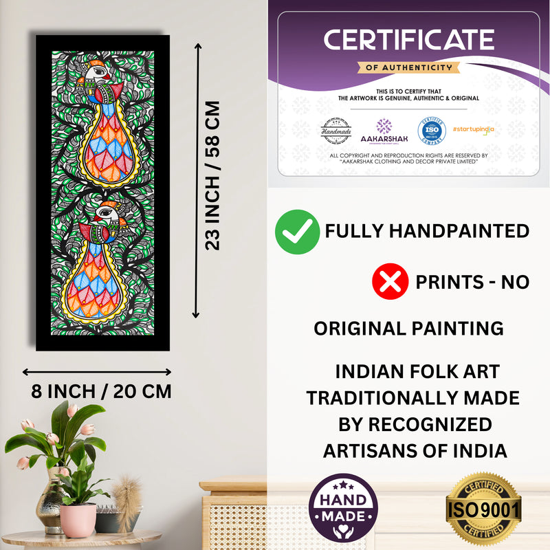 Framed artwork with dimensions, authenticity certificate and handmade iso certified-peacock madhubani painting