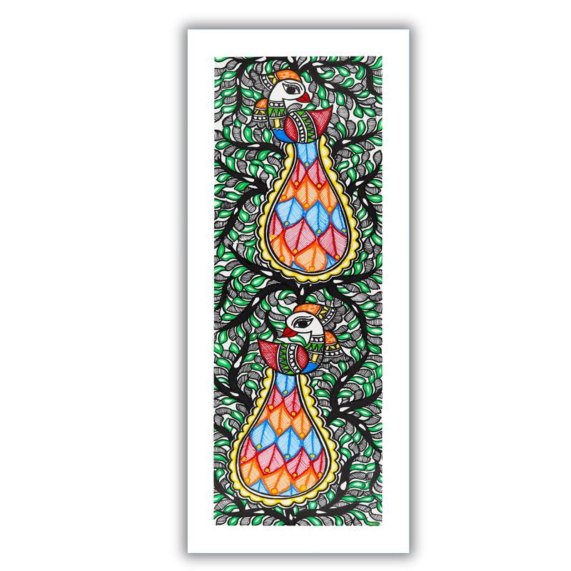 Framed artwork of a colorful peacock tree of life-with handmade madhubani painting