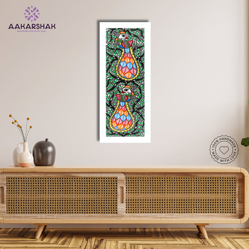 Framed artwork with peacock design -handmade madhubani painting for home decor