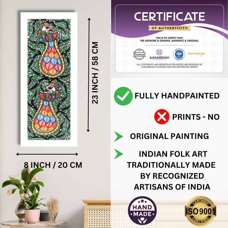 Framed artwork with dimensions, authenticity certificate and handmade iso certified-tree of life madhubani painting