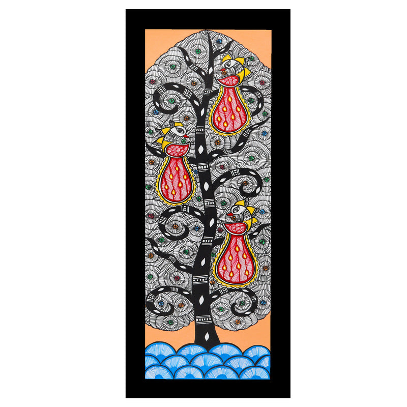 Framed artwork of a colorful peacock tree of life-with handmade madhubani
