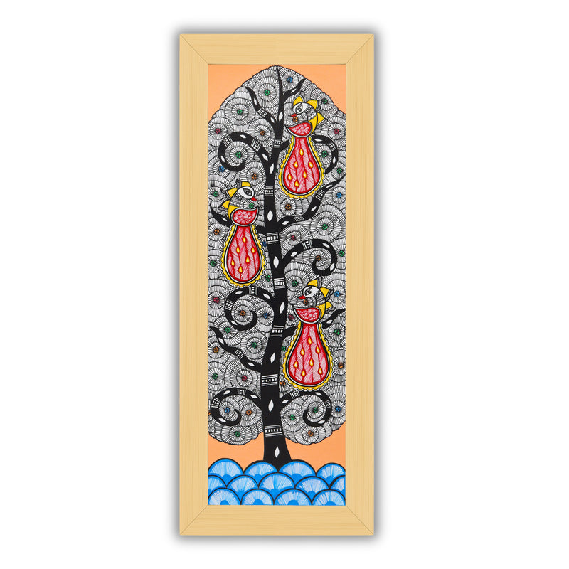 Framed artwork of a colorful peacock tree of life-with handmade madhubani painting