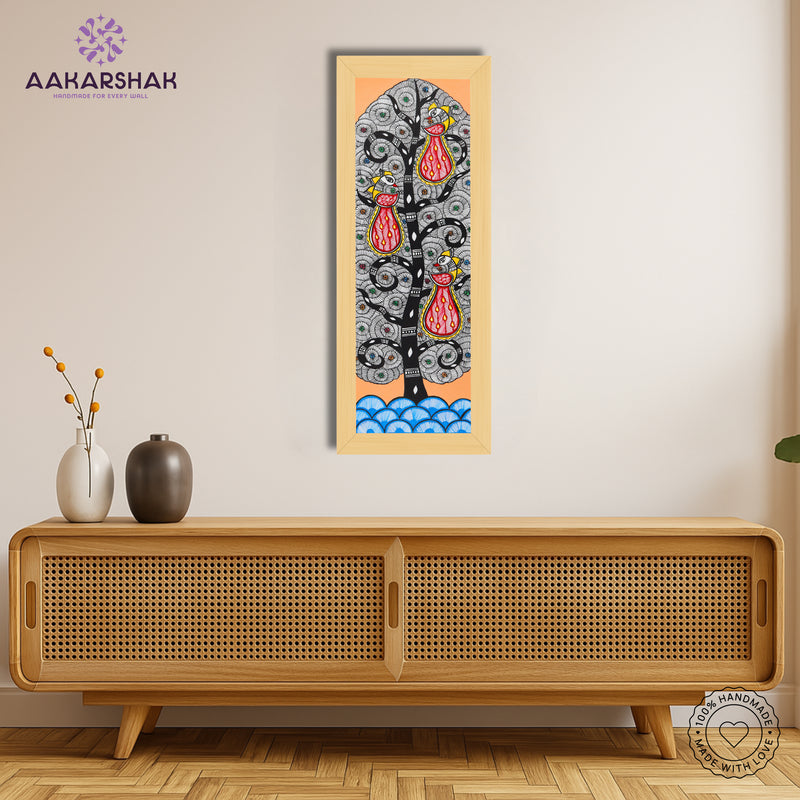 Framed artwork with peacock tree of life design -handmade madhubani painting for home decor