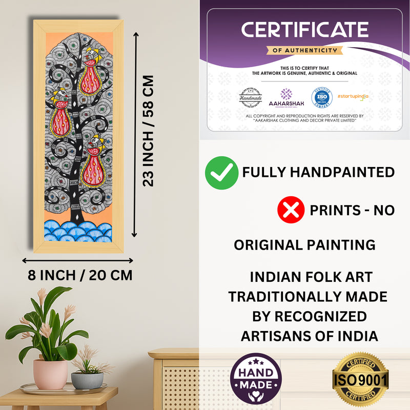 Framed artwork with dimensions, authenticity certificate and handmade iso certified-peacock tree of life madhubani painting