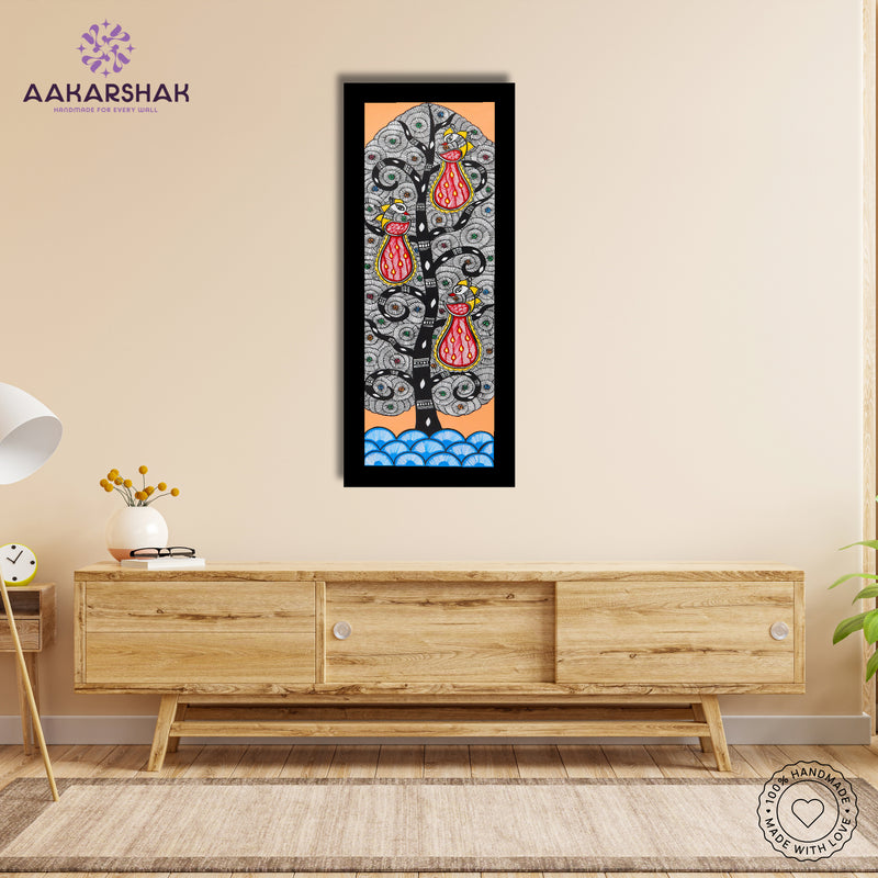 Framed artwork with peacock tree of life design -handmade madhubani painting for home decor