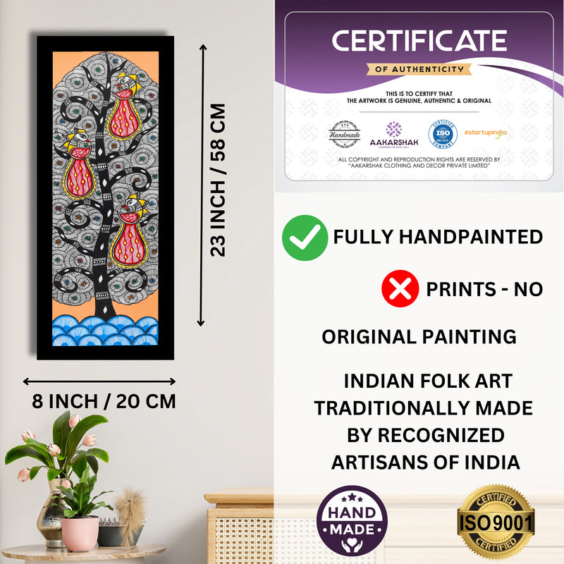 Framed artwork with dimensions, authenticity certificate and handmade iso certified-peacock madhubani painting