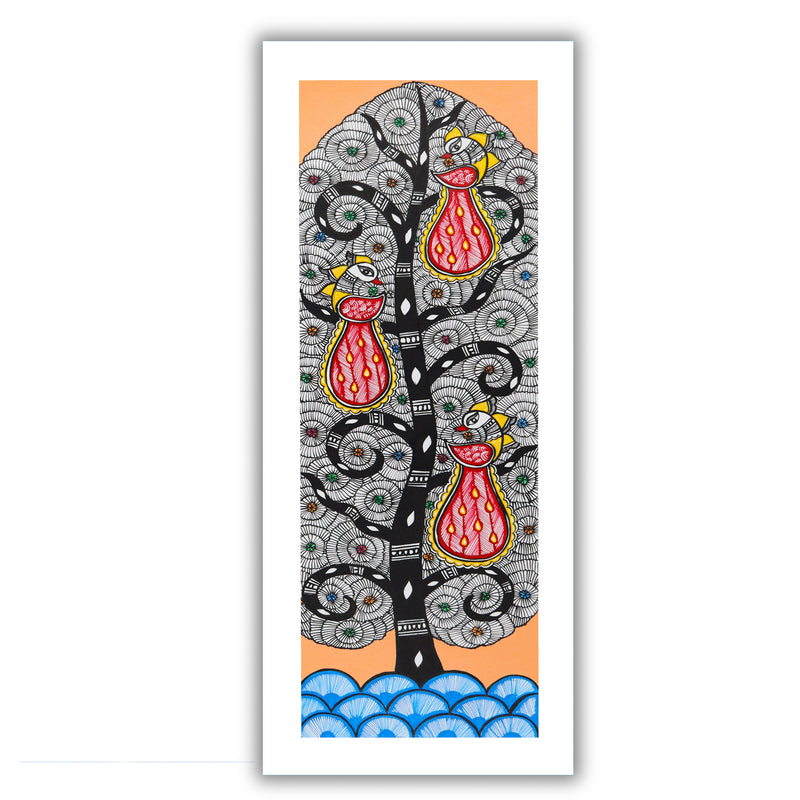 Framed artwork of a colorful peacock tree of life-with handmade madhubani painting