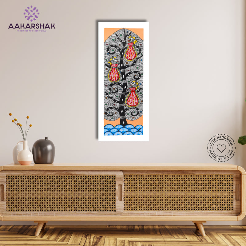 Framed artwork with peacock tree of life design -handmade madhubani painting for home decor