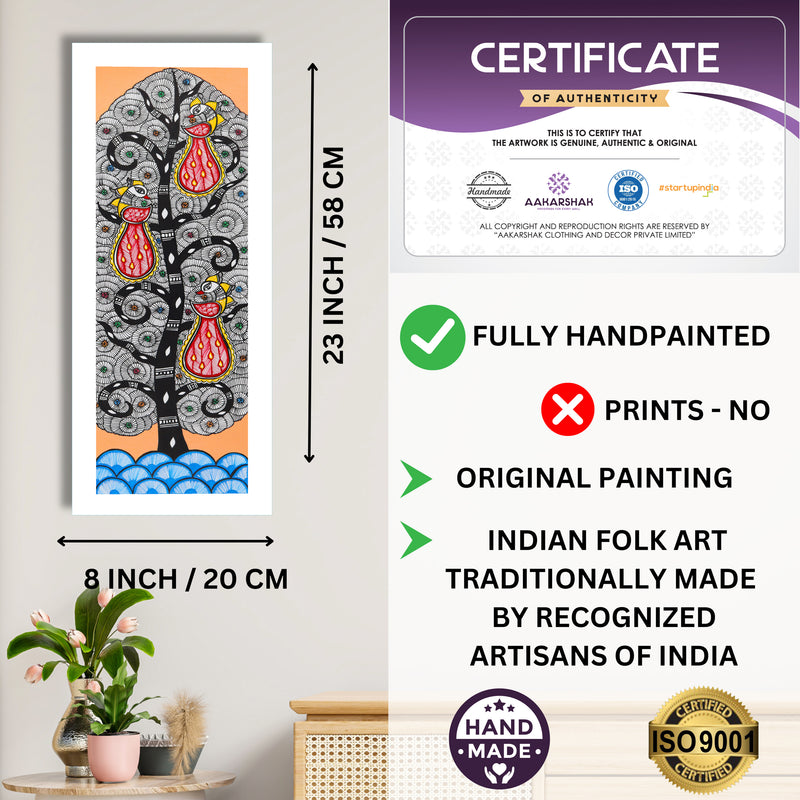 Framed artwork with dimensions, authenticity certificate and handmade iso certified-peacock madhubani painting