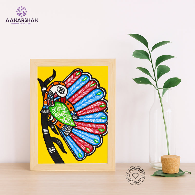 Handmade Madhubani peacock tree of life painting-with tabletop stand for home decor