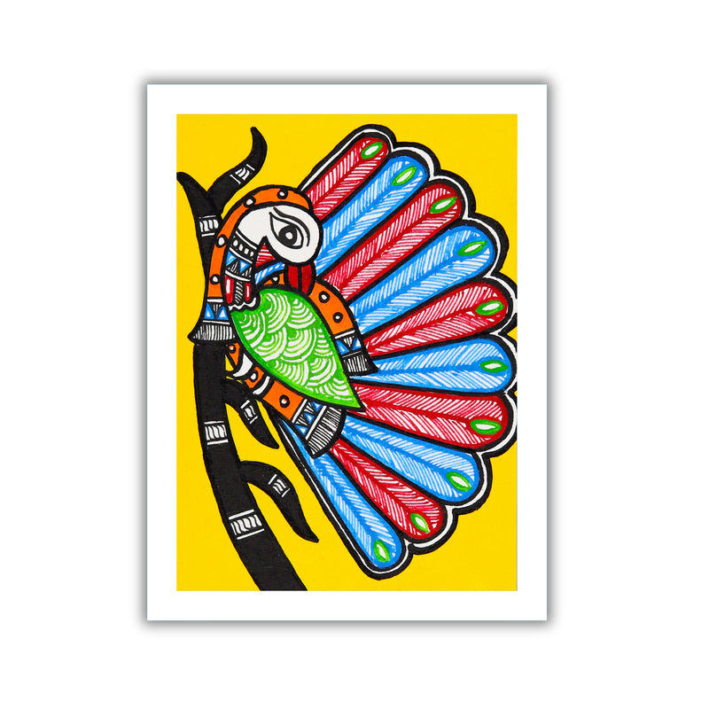 handmade madhubani painting peacock tree of life-in vibrant traditional folk art style