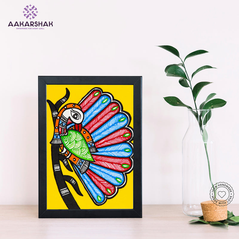 Handmade Madhubani peacock tree of life painting-with tabletop stand for home decor
