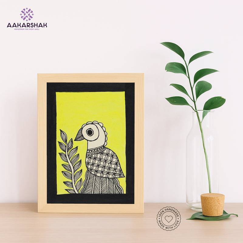 Handmade Madhubani peacock painting-with tabletop stand for home decor