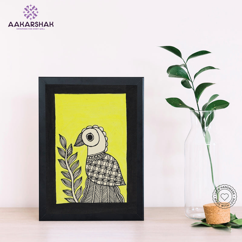 Handmade Madhubani peacock painting-with tabletop stand for home decor