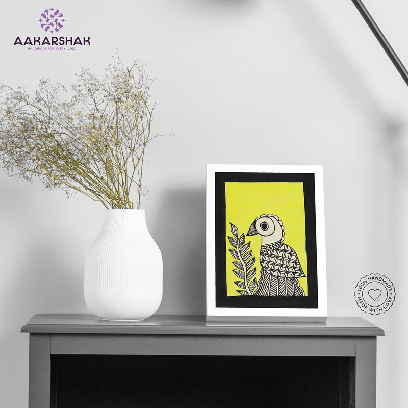 Handmade Madhubani peacock painting-with tabletop stand for home decor