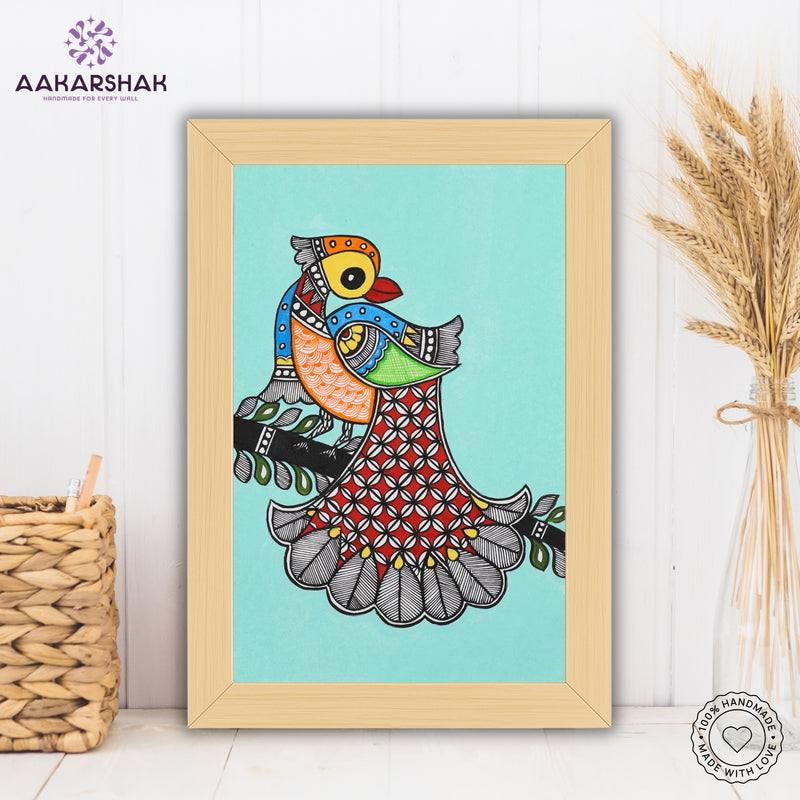 handmade madhubani painting peacock painting-with tabletop stand for home decor