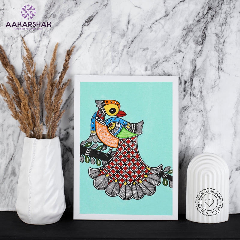 handmade madhubani painting peacock painting-with tabletop stand for home decor