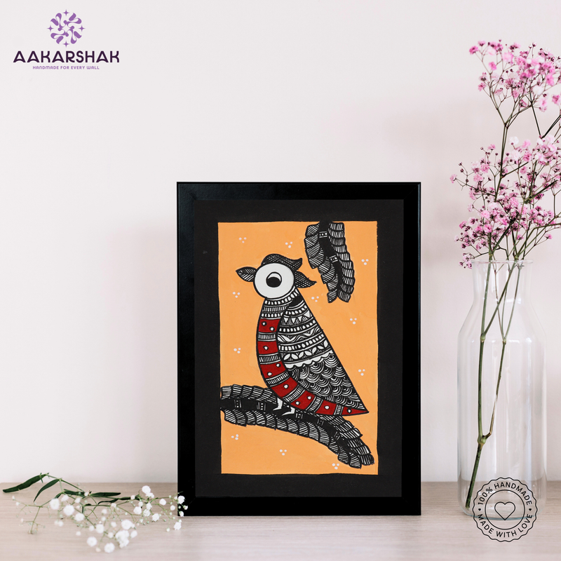 handmade madhubani painting peacock painting-with tabletop stand for home decor