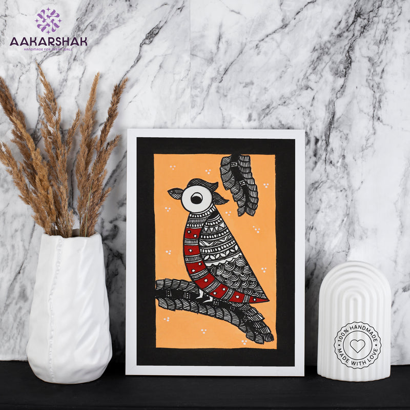 handmade madhubani painting peacock painting-with tabletop stand for home decor