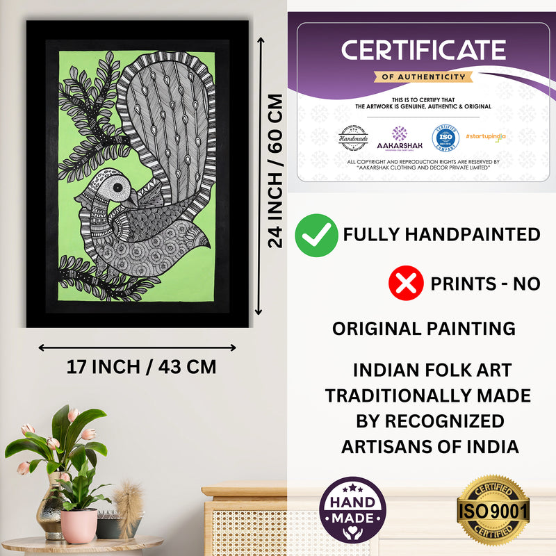 Framed artwork with dimensions, authenticity certificate and handmade iso certified-peacock madhubani painting