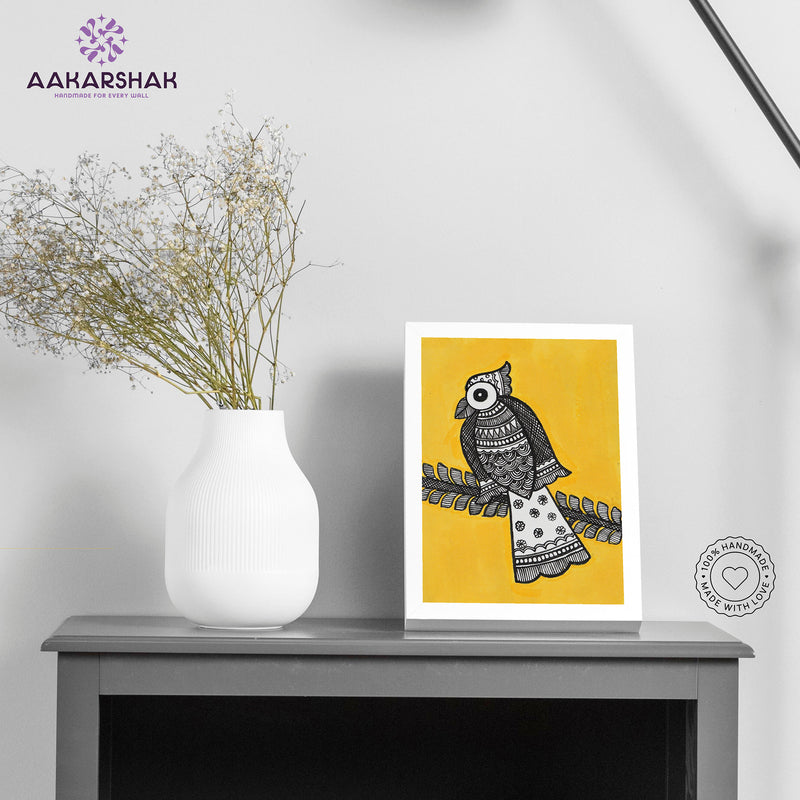Handmade Madhubani peacock painting-with tabletop stand for home decor