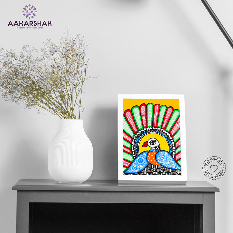 Handmade Madhubani peacock painting-with tabletop stand for home decor