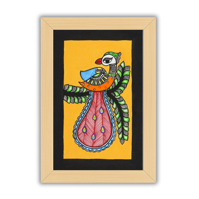 Handmade Madhubani Peacock Painting with white Frame Indian Wall Decor 8X12