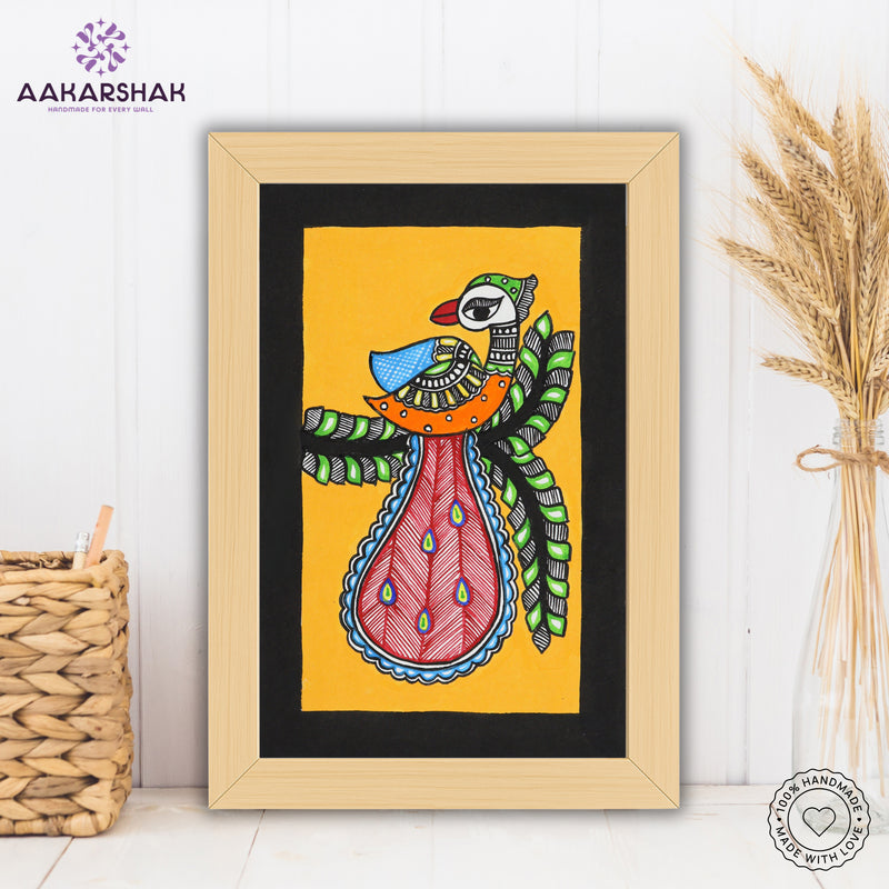 Handmade Madhubani Peacock Painting with white Frame Indian Wall Decor 8X12