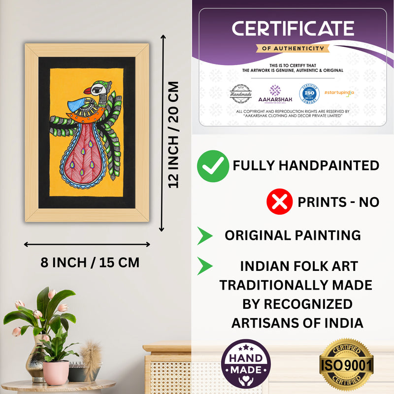 Handmade Madhubani Peacock Painting with white Frame Indian Wall Decor 8X12