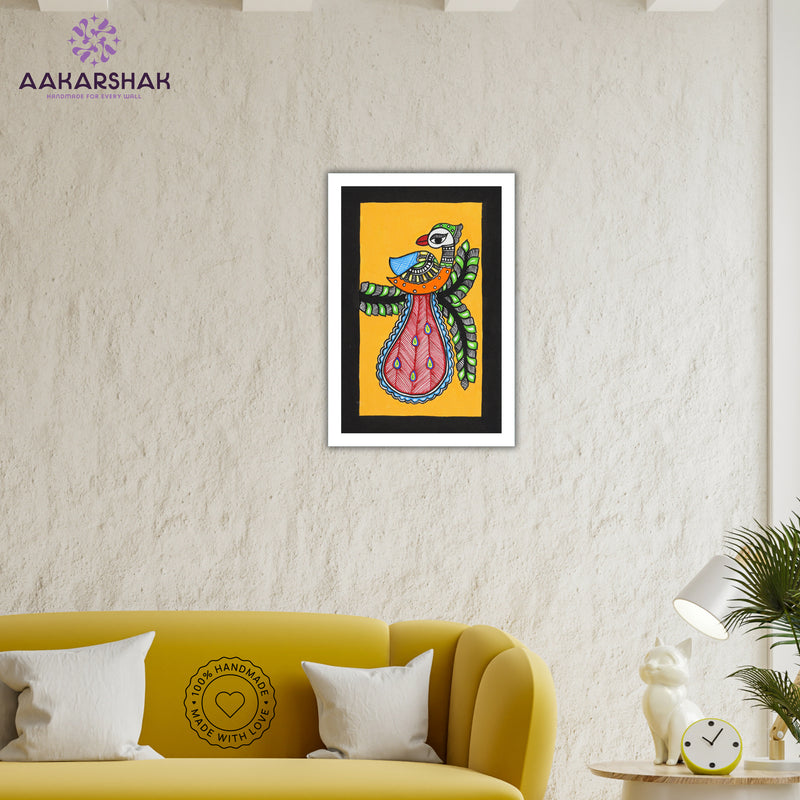 Handmade Madhubani Peacock Painting with white Frame Indian Wall Decor 8X12