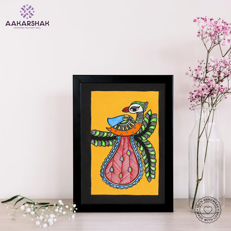 Handmade Madhubani Peacock Painting with white Frame Indian Wall Decor 8X12