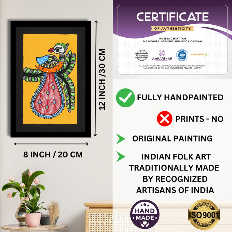 Handmade Madhubani Peacock Painting with white Frame Indian Wall Decor 8X12