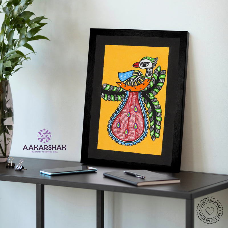 Handmade Madhubani Peacock Painting with white Frame Indian Wall Decor 8X12