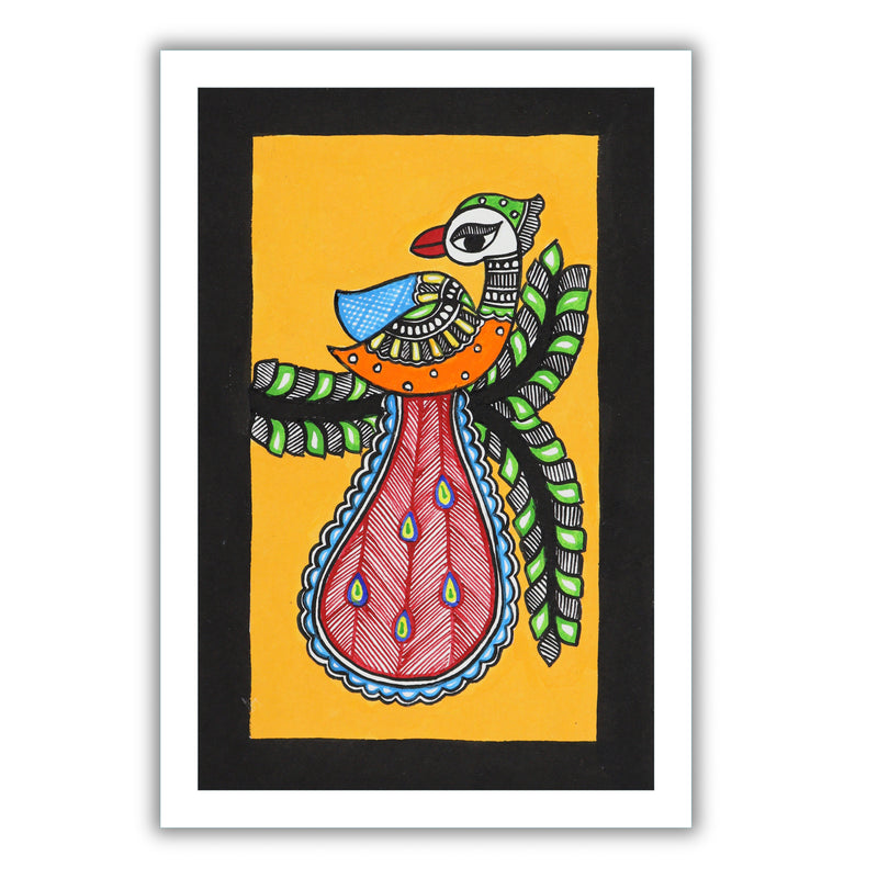 Handmade Madhubani Peacock Painting with white Frame Indian Wall Decor 8X12
