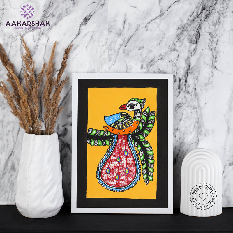 Handmade Madhubani Peacock Painting with white Frame Indian Wall Decor 8X12