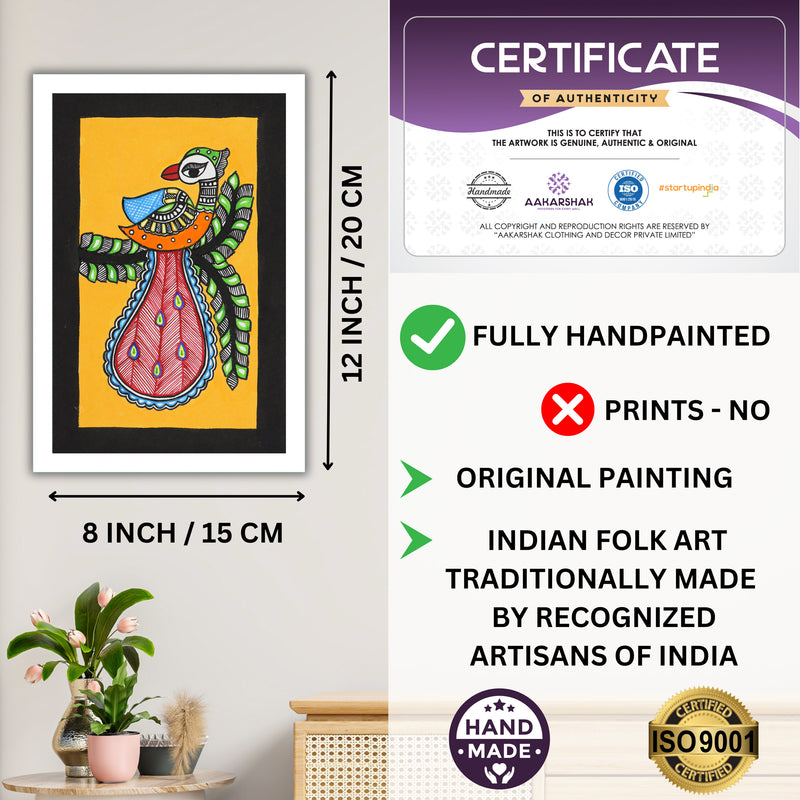 Handmade Madhubani Peacock Painting with white Frame Indian Wall Decor 8X12