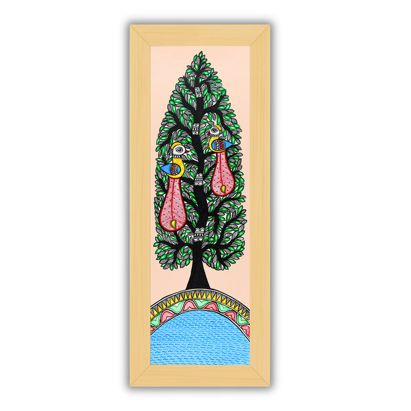 Framed artwork of a colorful peacock tree of life-with handmade madhubani