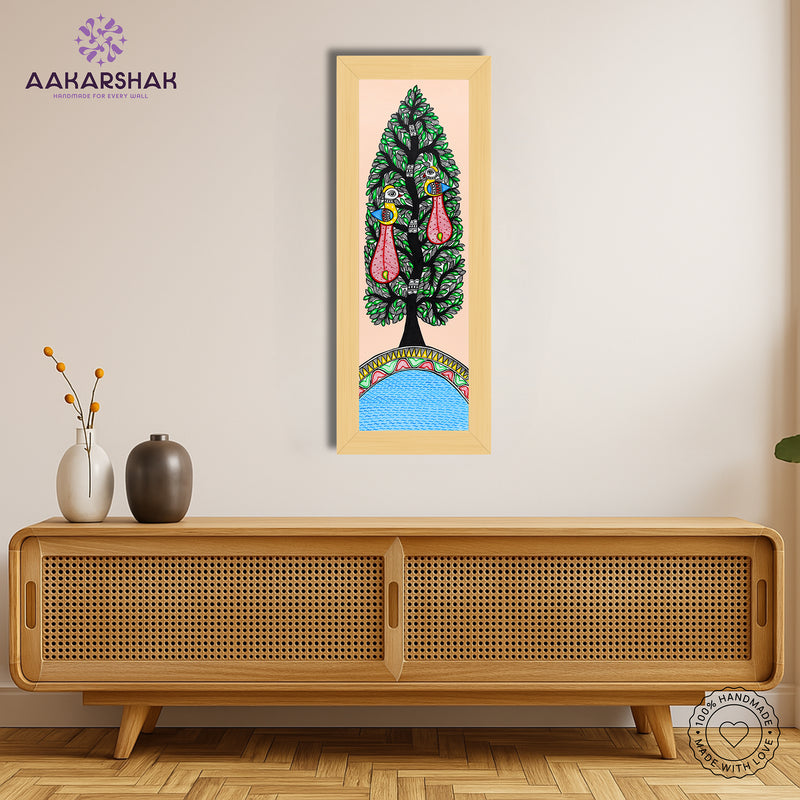 Framed artwork with peacock tree of life design -handmade madhubani painting for home decor