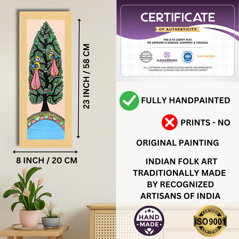 Framed artwork with dimensions, authenticity certificate and handmade iso certified-peacock madhubani painting