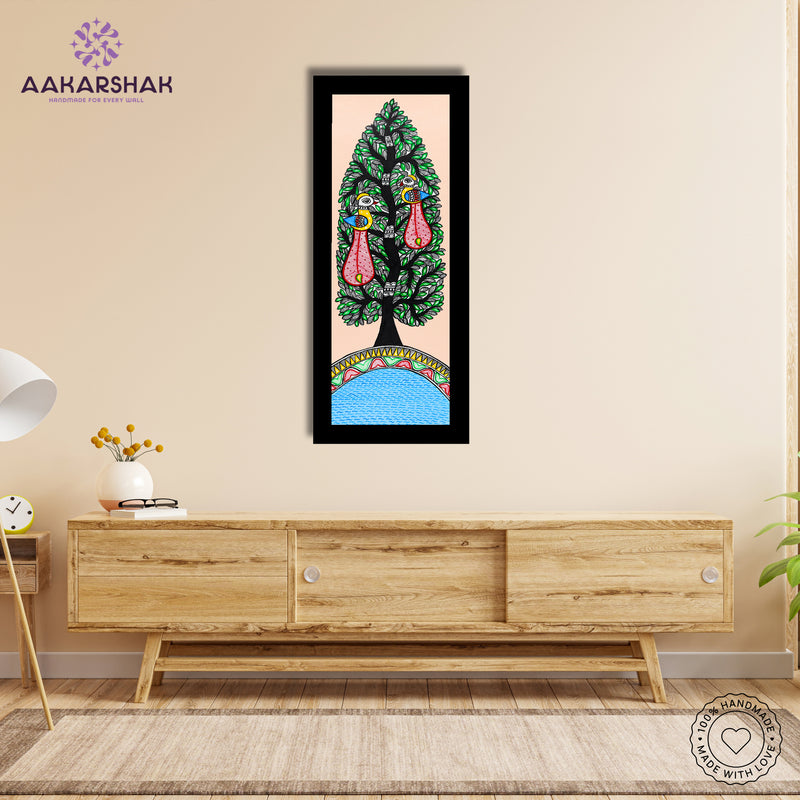 Framed artwork with peacock tree of life design -handmade madhubani painting for home decor