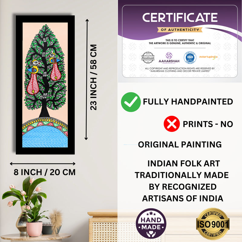 Framed artwork with dimensions, authenticity certificate and handmade iso certified-peacock tree of life madhubani painting
