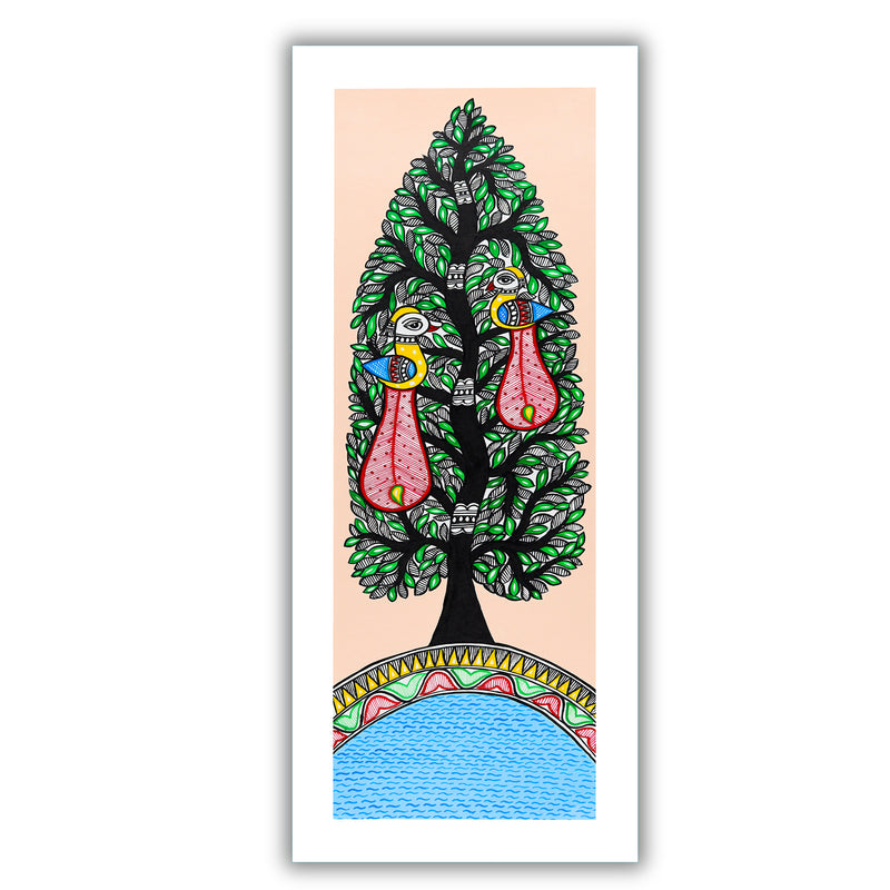 Framed artwork of a colorful peacock tree of life-with handmade madhubani