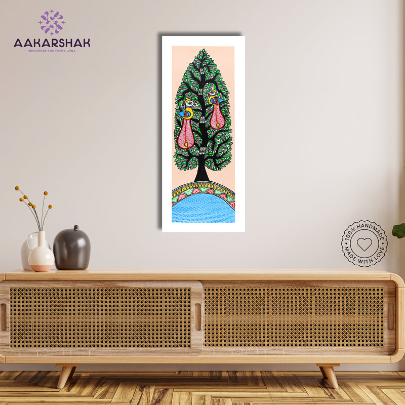 Framed artwork with peacock tree of life design -handmade madhubani painting for home decor