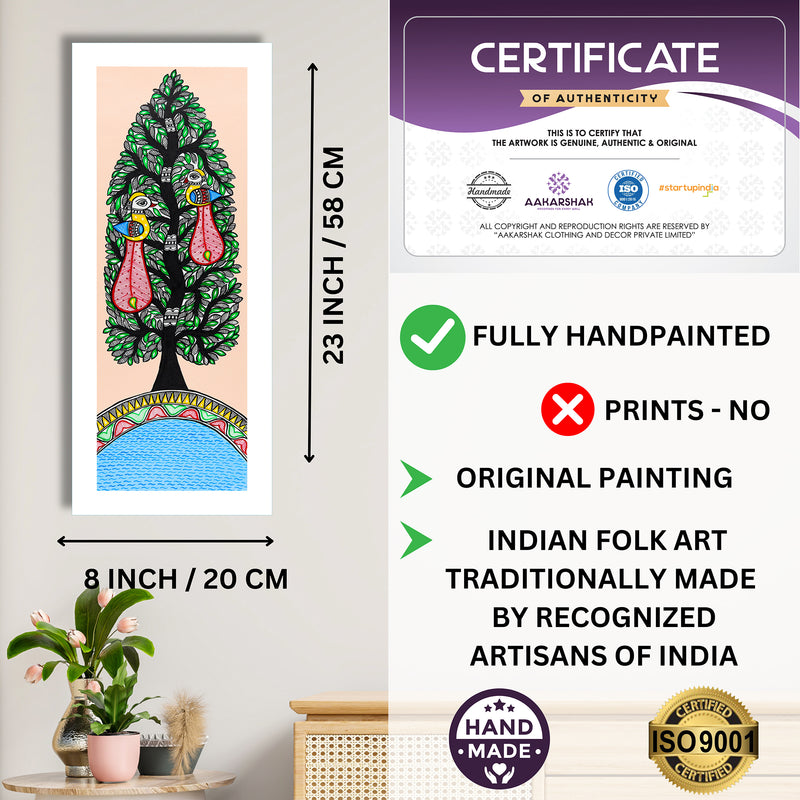 Framed artwork with dimensions, authenticity certificate and handmade iso certified-peacock madhubani painting
