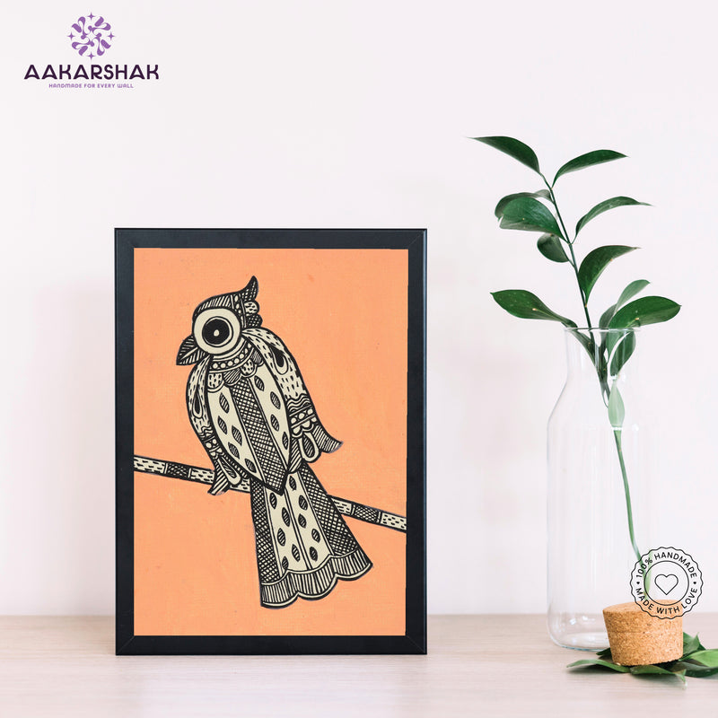 Handmade Madhubani peacock painting-with tabletop stand for home decor
