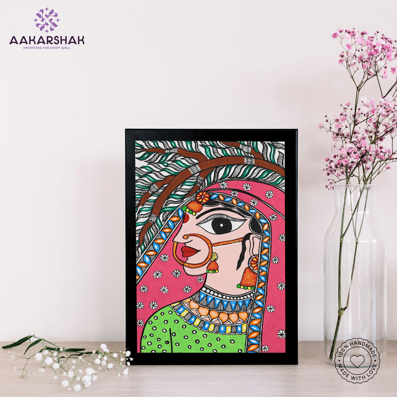 handmade madhubani painting radha painting-with tabletop stand for home decor