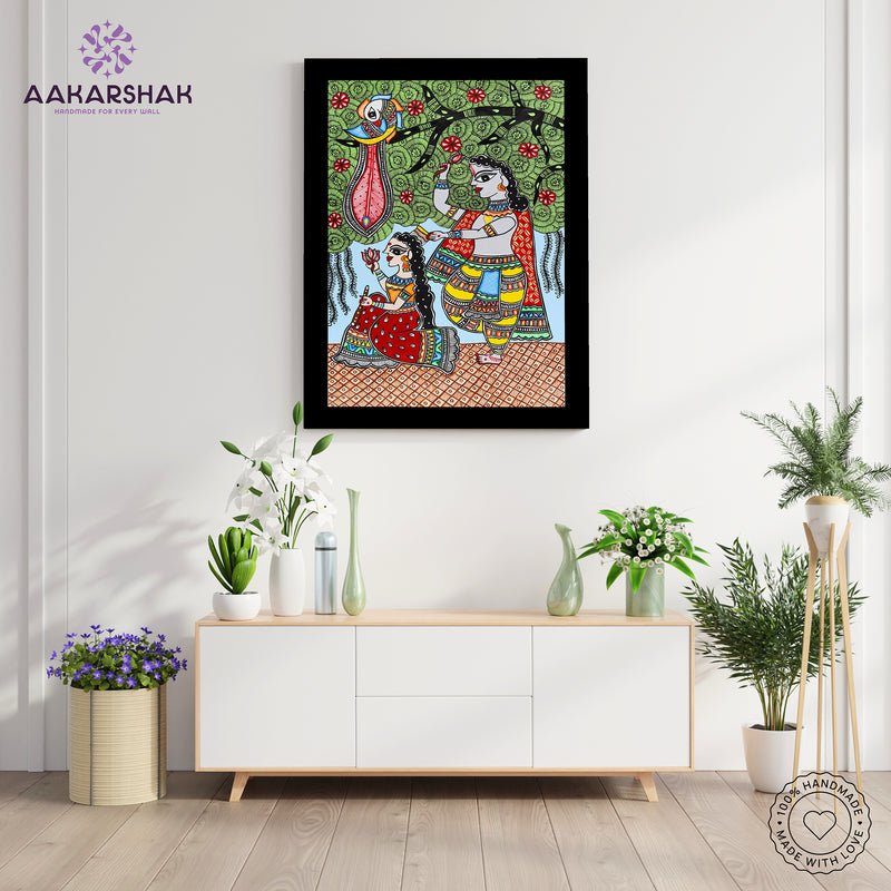 ramed artwork with radha-krishna design -handmade madhubani painting for home decor
