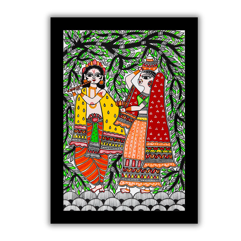 Framed artwork of a colorful radha-krishna-with handmade madhubani painting