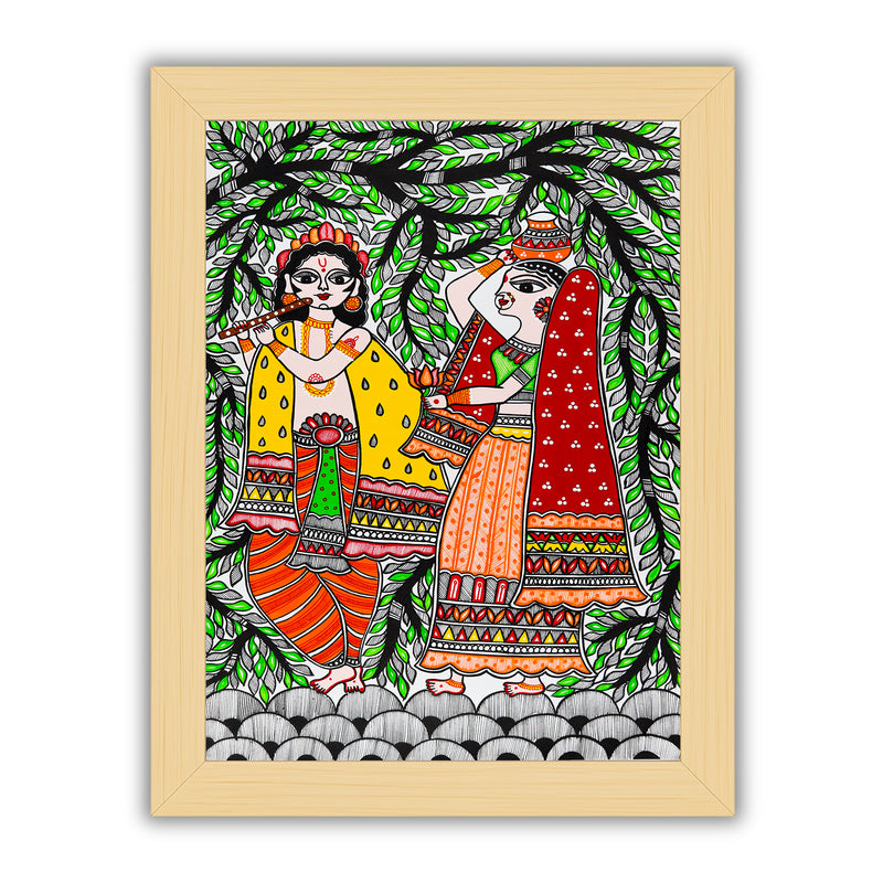 Framed artwork of a colorful radha-krishna-with handmade madhubani painting