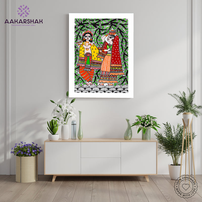 ramed artwork with radha-krishna design -handmade madhubani painting for home decor
